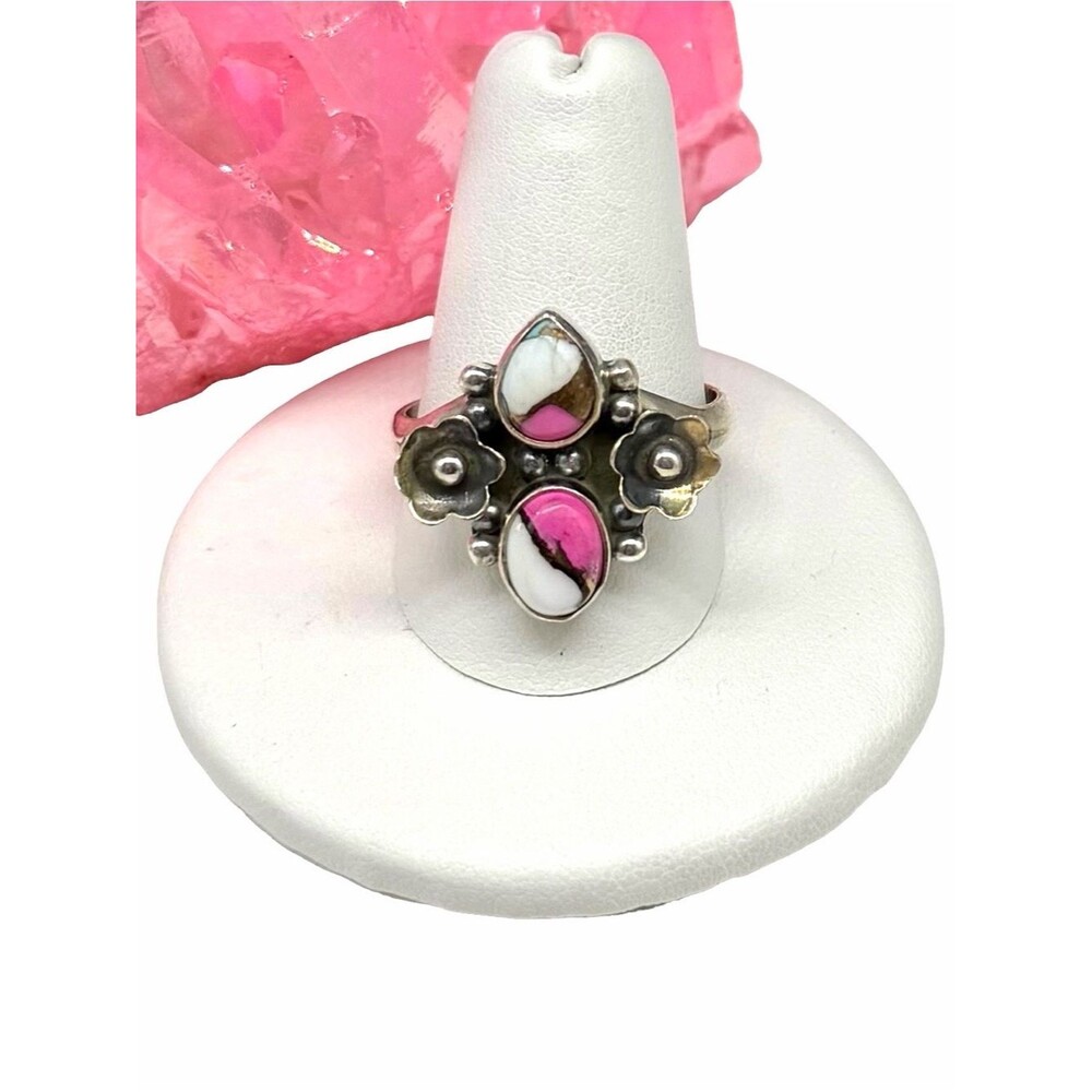 Cotton Candy Kingman Turquoise Flower Ring Size 10 Solid 925 Sterling Silver